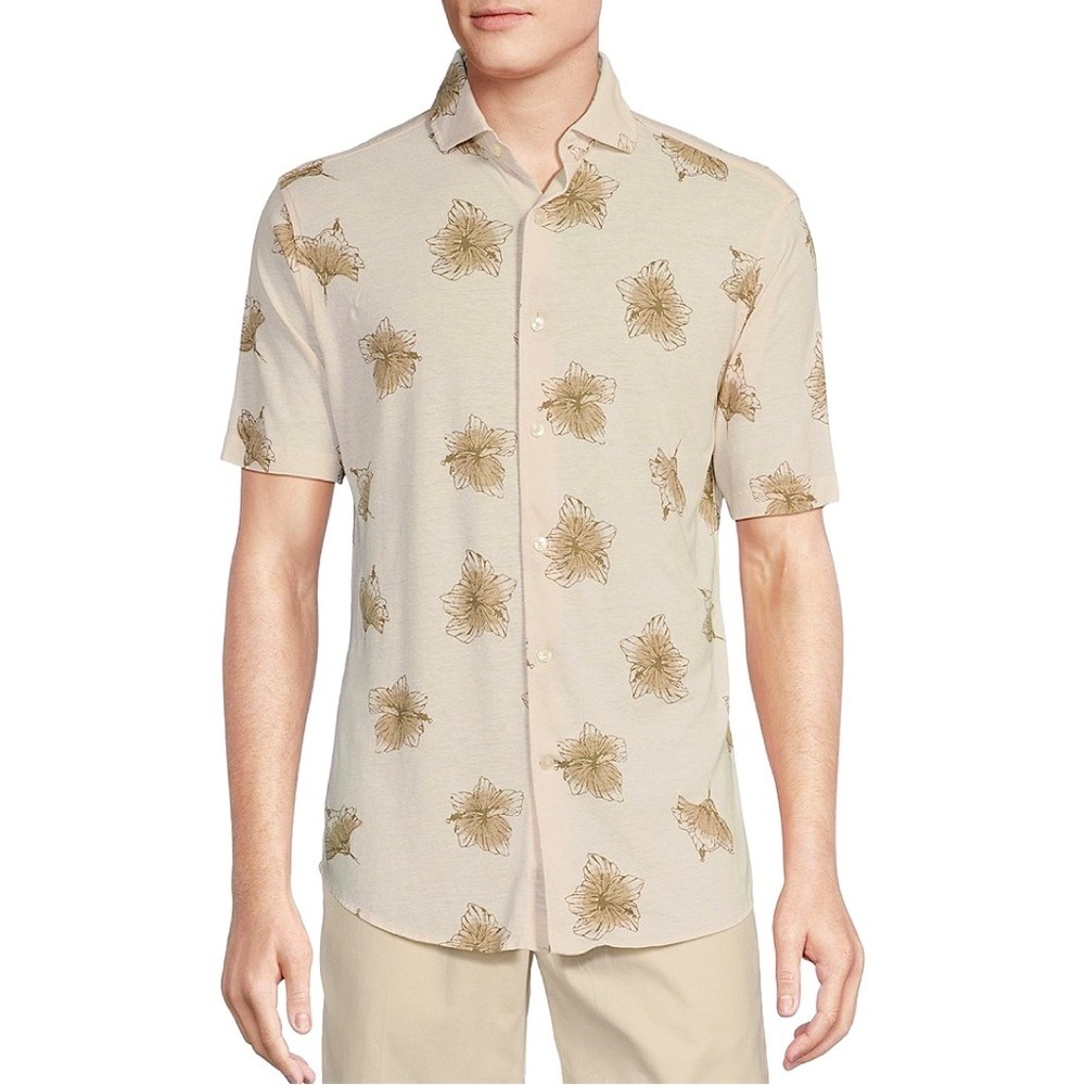 NWT Daniel Cremieux Neutral Floral Print Jersey Jacquard Short Sleeve Shirt, Lg